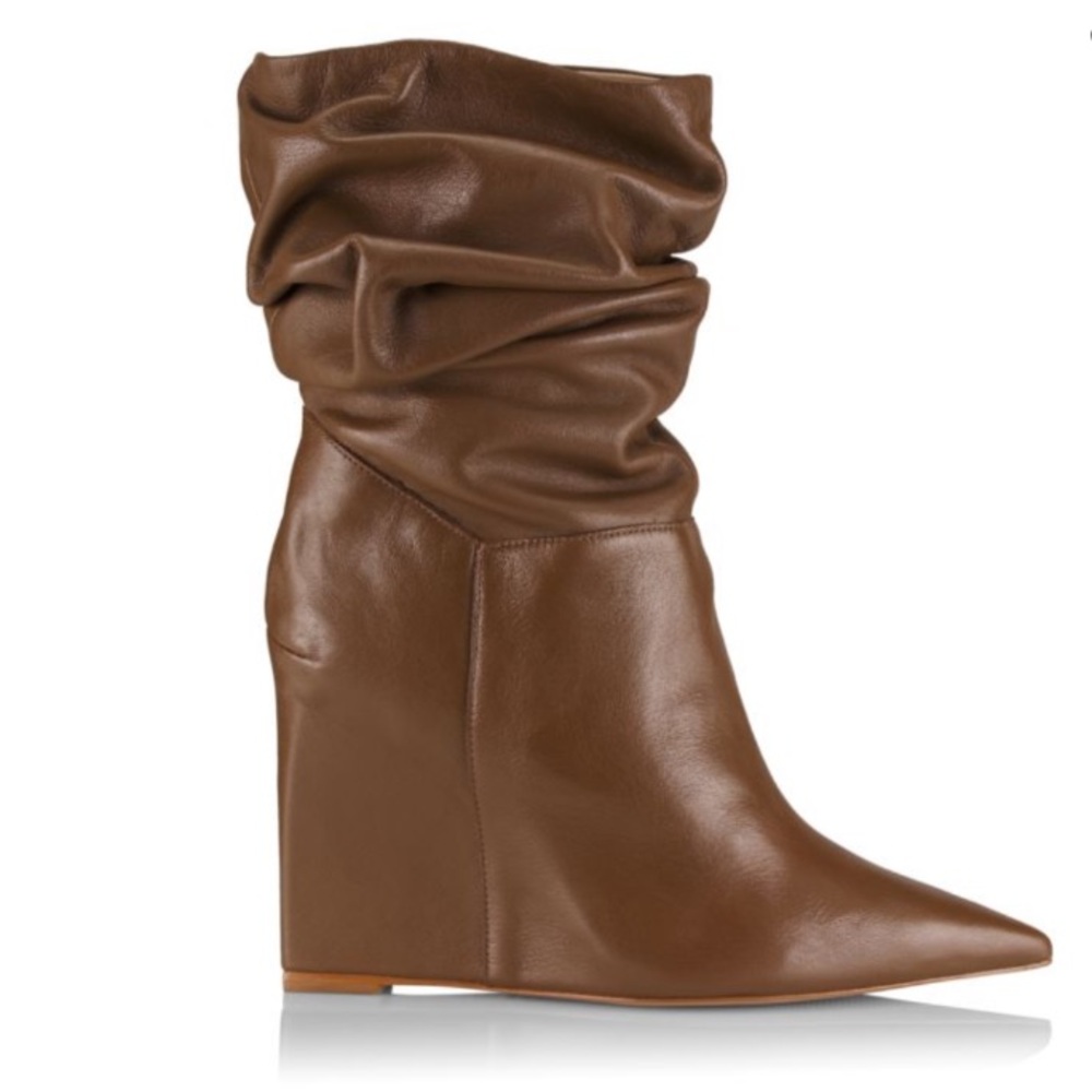SCHUTZ Ashlee Tan Leather Wedge Heeled Slouchy Boots Size 6.5